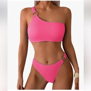 Ribbed Bikini Set Womens XS‎ One Shoulder Top Cheeky Two Piece Swimsuit Textured